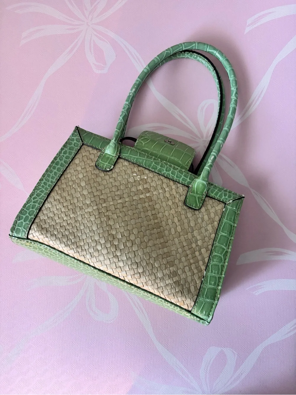 Green and Natural Woven Top-Handle Bag